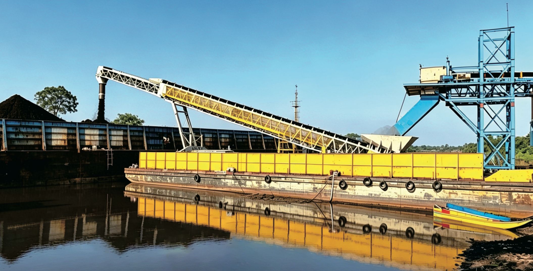 Telescopic Stacker Port Loading Mobile telescopic stacker loading a barge at a port